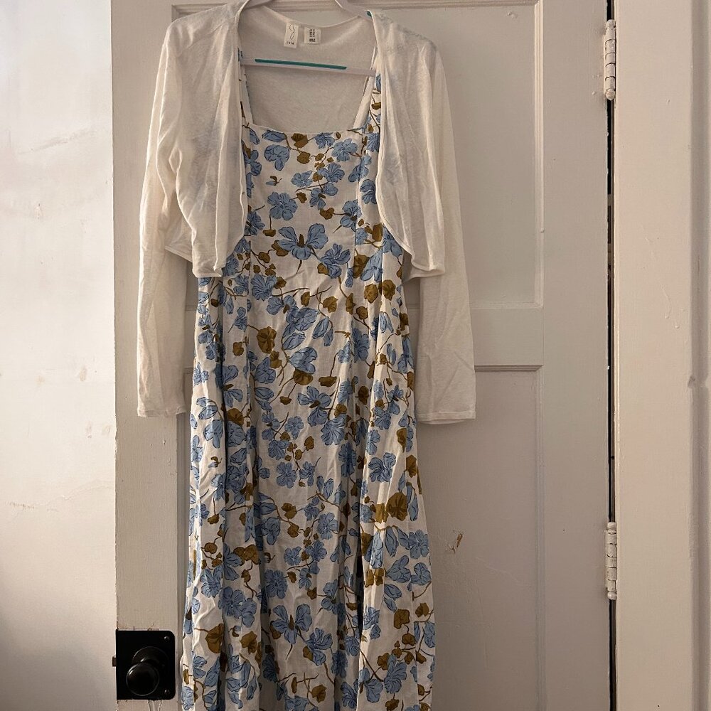 blue floral print dress with white cardigan